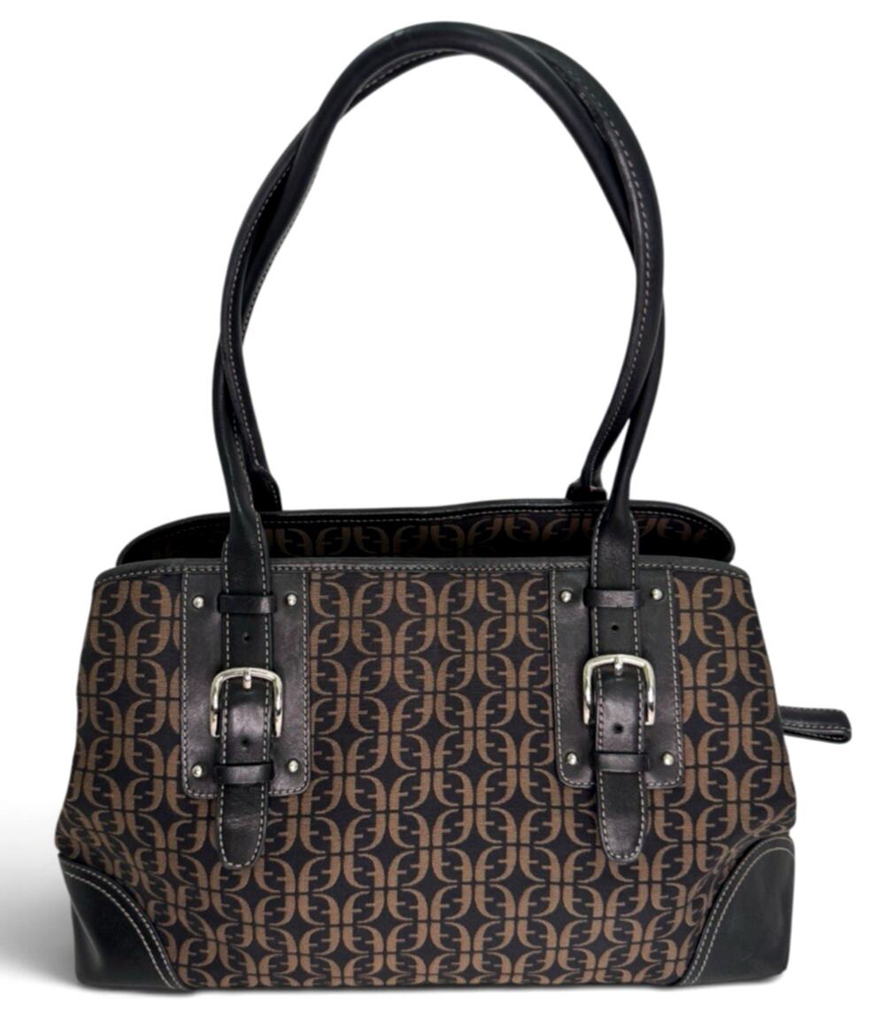 Fossil Y2K Signature Monogram Canvas Leather Satchel Boston Bag Shoulder Bag